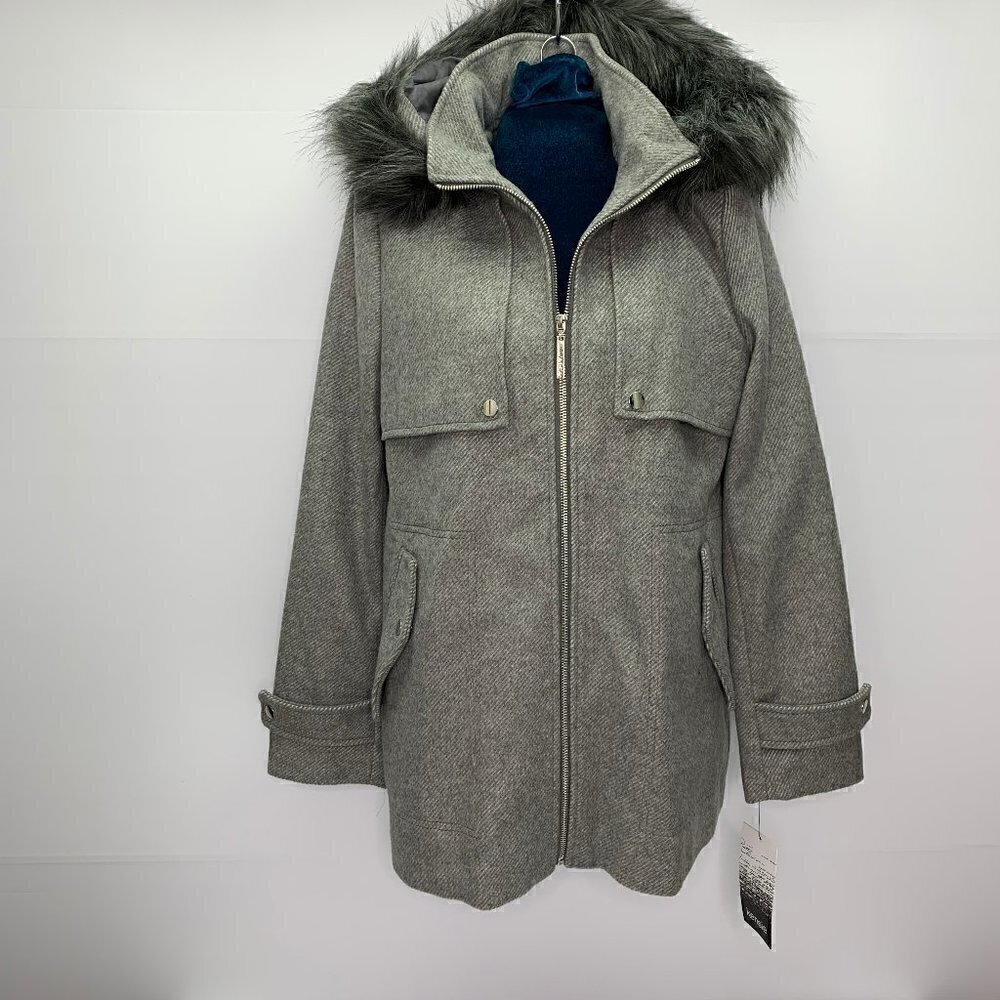 Kensie Winter Coat Medium Faux Fur Removable Hood Gray NWT